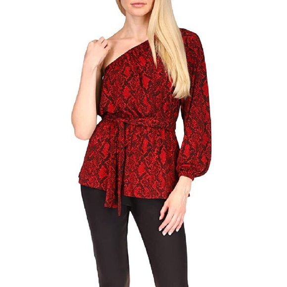 Michael Kors One Shoulder Blouse Python Snake Print Red & Black Ribbon Belt long - Picture 3 of 6